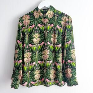 Prada Rare Fall 2003 Holliday & Brown Green Pink Tropical Print Silk Shirt Sz 42